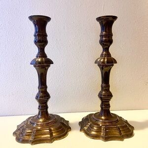 Vintage pair of mid-18th century European, solid brass candlestick holders